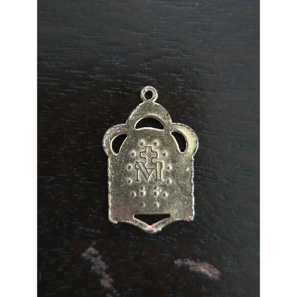 Vintage Miraculous Medal Virgin Mary Blue Enamel Gold Tone Catholic Pendant - Picture 2 of 2